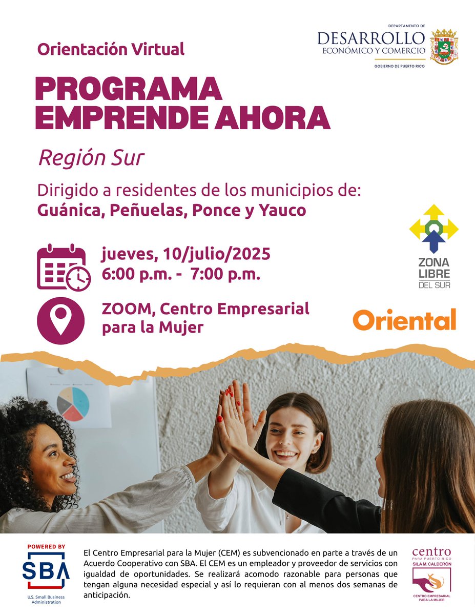 CEMujerPR's tweet photo. El programa Emprende Ahora llega al sur en agosto. 📅 Aprovecha de nuestra tercera orientación virtual, jueves, 10 de julio de 6pm a 7pm en Zoom
📲 Regístrate: https://t.co/fjPRK3O4Jn
#MujerEmprendedora #EmprendeAhora https://t.co/XE7sCpQjkJ