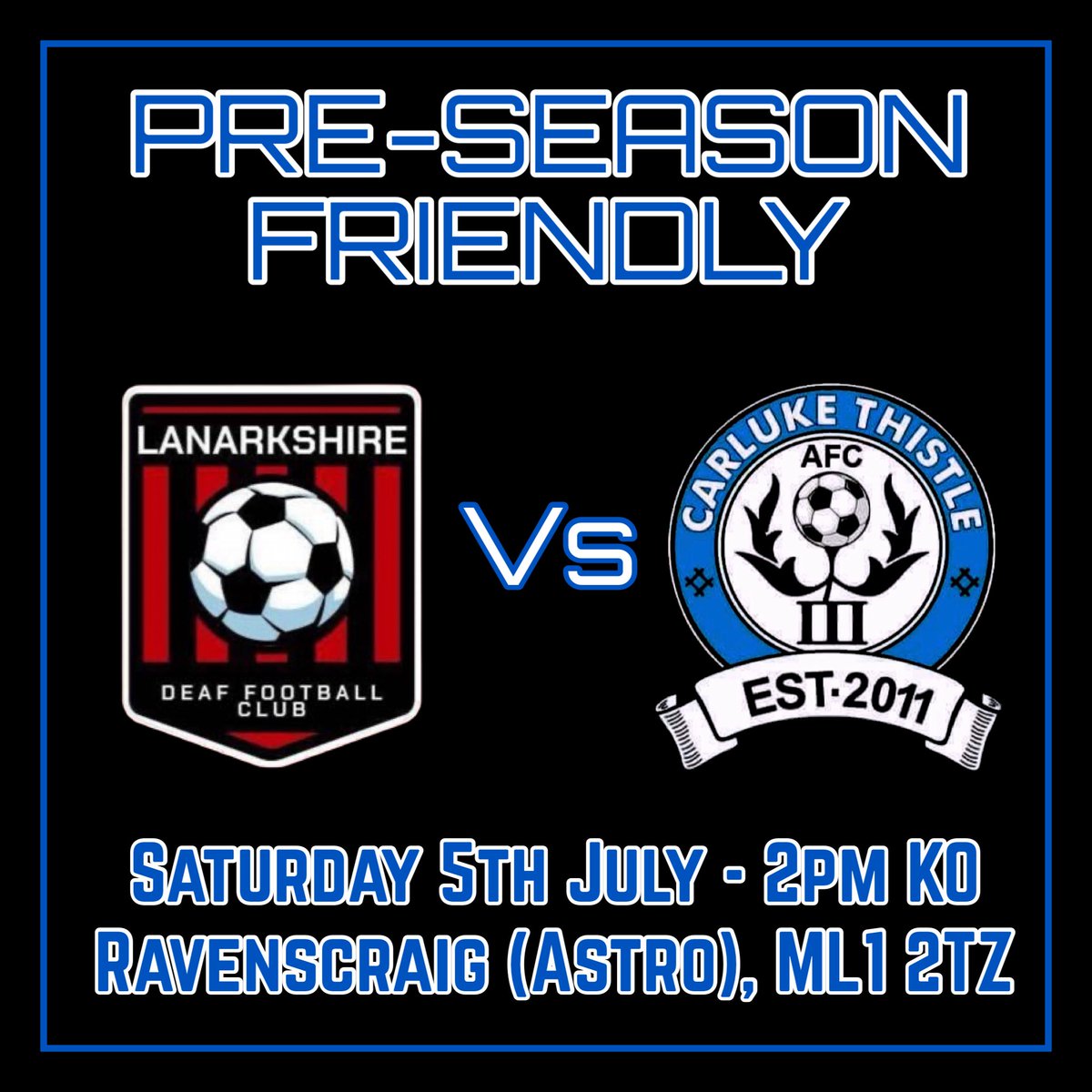 Carluke Thistle AFC (@carlukethistle1) on Twitter photo 🏆 Friendly
📆 Sat 5th July
⚽ v <a href="/LanarkshireDFC/">Lanarkshire Deaf FC</a>
🏟 Ravenscraig (Astro)
⏰ 14:00 K.O
We kick off pre season against <a href="/GGPAFL/">Greater Glasgow Premier AFL</a> new boys Lanarkshire Deaf. #MTT 🔵🔴
<a href="/scottish_aff/">AmateurFixturesResultsSCO</a> <a href="/ScotAmFA/">Scottish Amateur FA</a> <a href="/scotfootfixs/">Scottish Football Fixtures</a> <a href="/AmmiesFitba/">Ammie’s Fitba</a> <a href="/ftsc0res/">fulltimesc0res</a> <a href="/FitbaLeagues/">The Fitba Leagues</a> <a href="/L1veAtTheAmmys/">Live At The Ammys</a> 🏆 Friendly
📆 Sat 5th July
⚽ v <a href="/LanarkshireDFC/">Lanarkshire Deaf FC</a>
🏟 Ravenscraig (Astro)
⏰ 14:00 K.O
We kick off pre season against <a href="/GGPAFL/">Greater Glasgow Premier AFL</a> new boys Lanarkshire Deaf. #MTT 🔵🔴
<a href="/scottish_aff/">AmateurFixturesResultsSCO</a> <a href="/ScotAmFA/">Scottish Amateur FA</a> <a href="/scotfootfixs/">Scottish Football Fixtures</a> <a href="/AmmiesFitba/">Ammie’s Fitba</a> <a href="/ftsc0res/">fulltimesc0res</a> <a href="/FitbaLeagues/">The Fitba Leagues</a> <a href="/L1veAtTheAmmys/">Live At The Ammys</a>