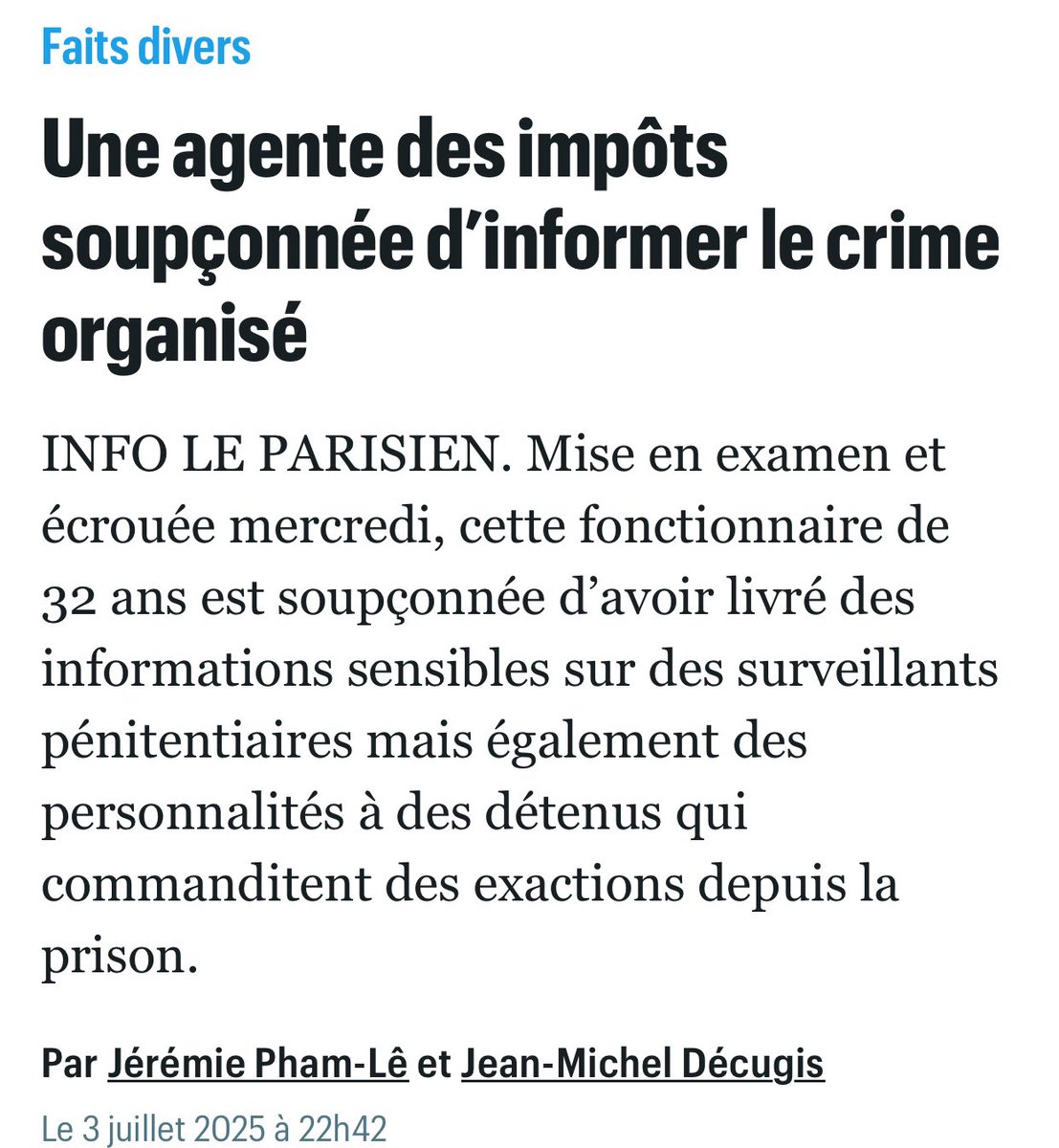 Bleu Blanc Rouge ! 🇫🇷 (@lbleublancrouge) on Twitter photo 🔴 Une agent des impôts a été mise en examen et emprisonnée pour avoir livré des données personnelles d'agents pénitentiaires ou de personnalités à des détenus qui commanditent des exactions depuis leur cellule de prison.
Hallucinant ! 😳😳
ℹ️ <a href="/le_Parisien/">Le Parisien</a> 🔴 Une agent des impôts a été mise en examen et emprisonnée pour avoir livré des données personnelles d'agents pénitentiaires ou de personnalités à des détenus qui commanditent des exactions depuis leur cellule de prison.
Hallucinant ! 😳😳
ℹ️ <a href="/le_Parisien/">Le Parisien</a>