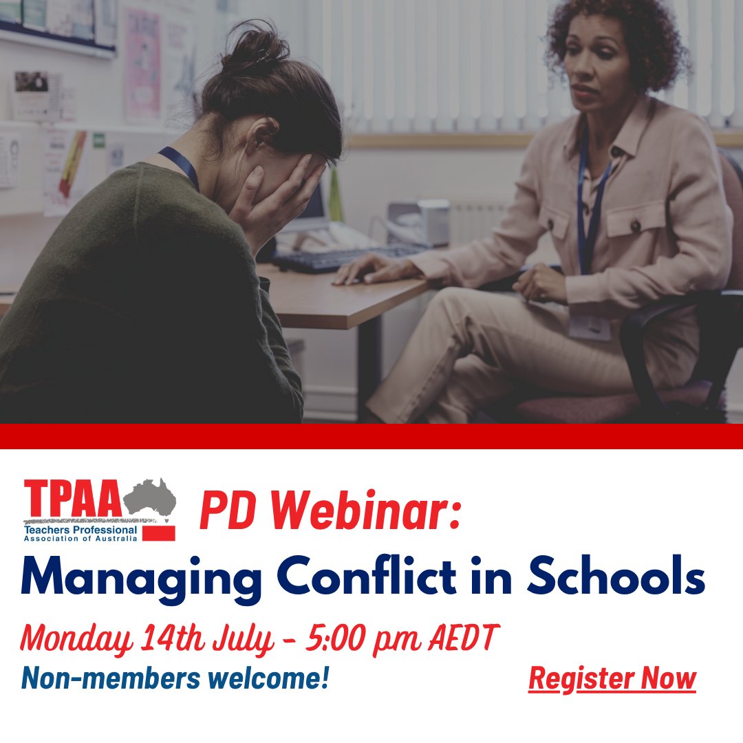 TeachersTpaa's tweet photo. Managing Conflict in Schools Webinar is now on Monday 14 July

Gain practical strategies for:
✅ Navigating key conflict zones
✅ Responding professionally
✅ Protecting your wellbeing

🎓 Includes 1-hr PD cert
🔗 https://t.co/bHGmYtYnM9 https://t.co/e9y12kQZas