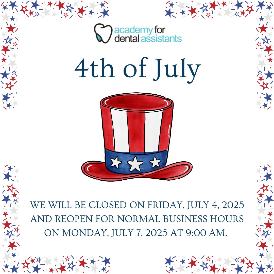 Academy4da's tweet photo. Cue the fireworks! 🎇 We’re closed for the 4th of July to celebrate America’s birthday. We will reopen for normal business hours on Monday, July 7, 2025, at 9:00 am.  Have a safe and happy holiday! 🇺🇸🎉 

#A4DA #4thOfJuly #RedWhiteAndBlue https://t.co/SfMyB1RYW1