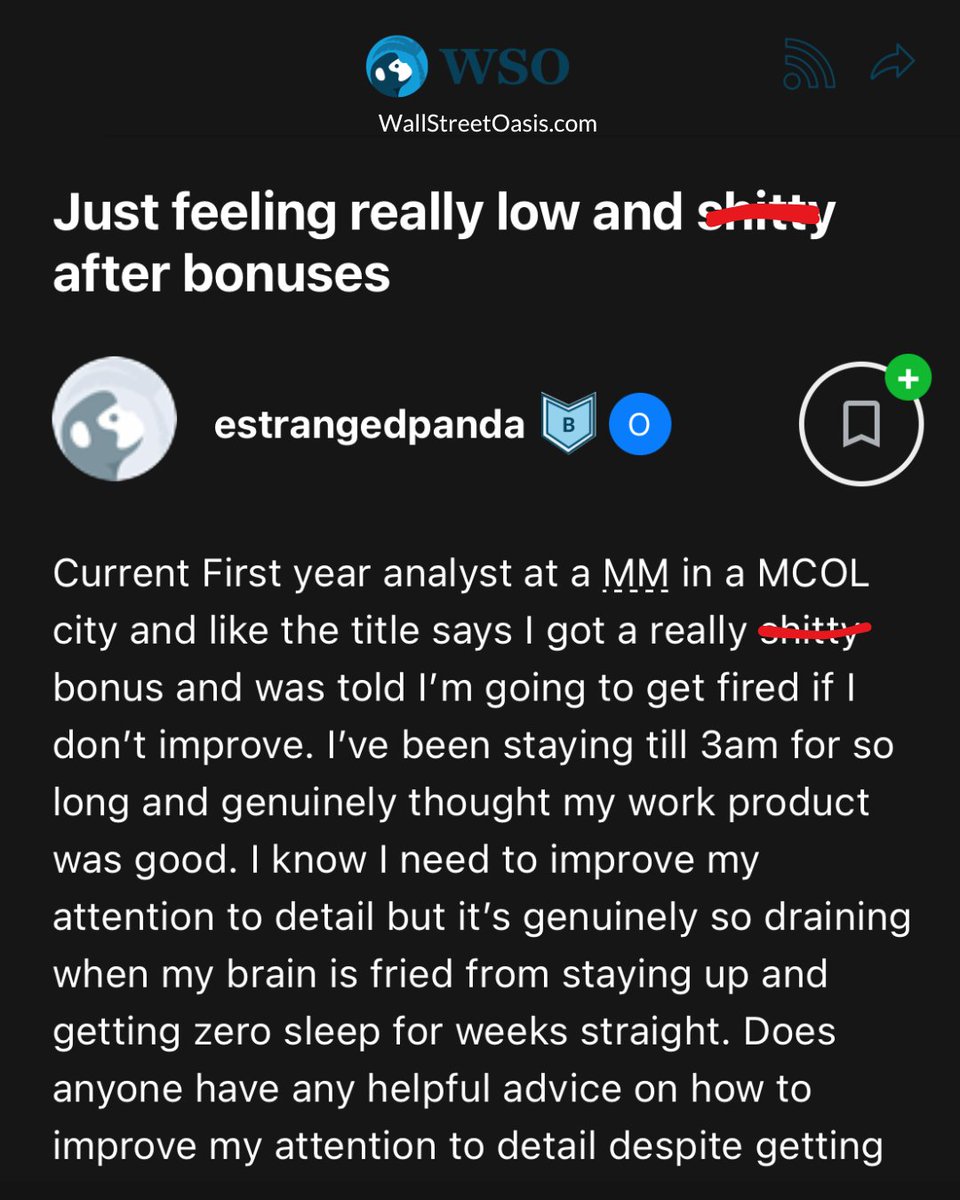WallStreetOasis's tweet image. 😬 First-year analyst at a MM just got a brutal bonus. Is this normal? Tough love? 💬 Weigh in below 
—---
🎯 Want to know how? 🔗 Apply now 👉 wallstreetoasis.com/academy?affili…

⚡ If you're serious about getting into high finance WSO Academy guarantees you a job offer!

#middlemarket