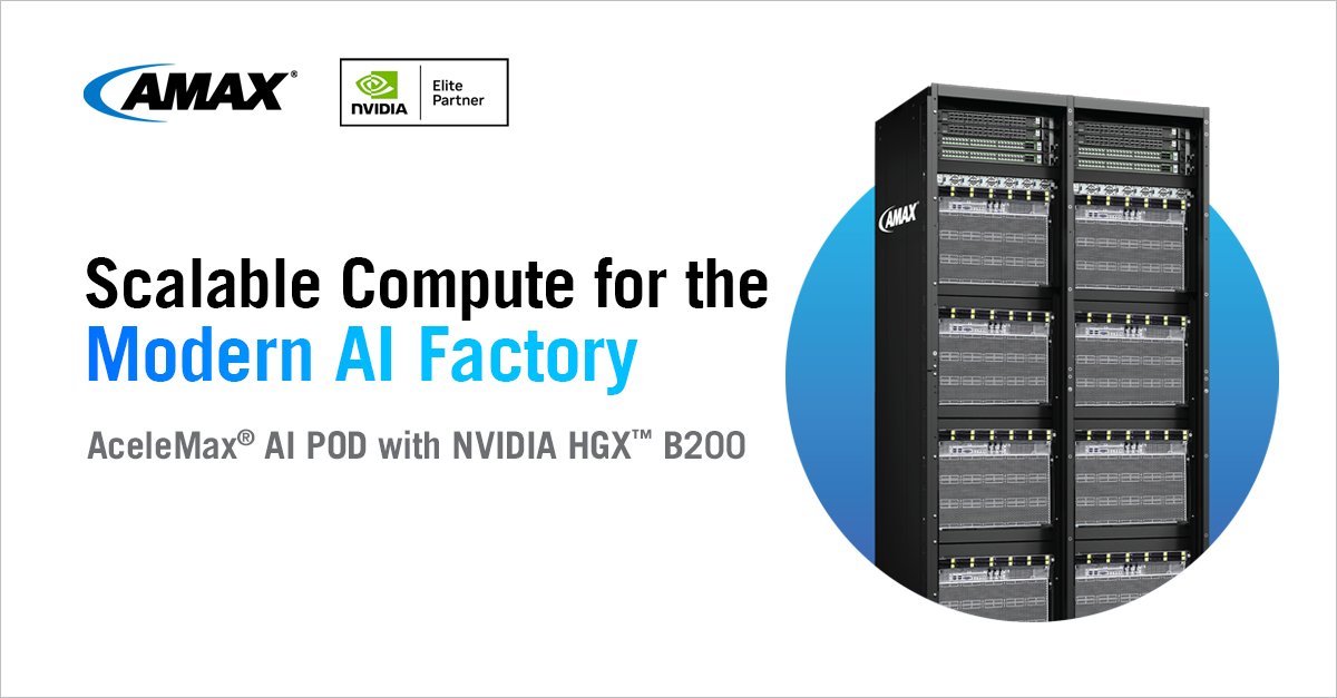 AMAXTechnology's tweet photo. 💡AceleMax® AI POD with NVIDIA HGX™ B200 delivers scalable AI compute using Blackwell GPUs, 192GB HBM3e, and 400Gbps NDR InfiniBand for ultra-fast, low-latency AI/HPC performance.
#AIFactory #AIinfrastructure #Blackwell #AIatAnyScale #DesigntoDeployment
https://t.co/hyfuldBbtJ https://t.co/G89Iq5PUsB