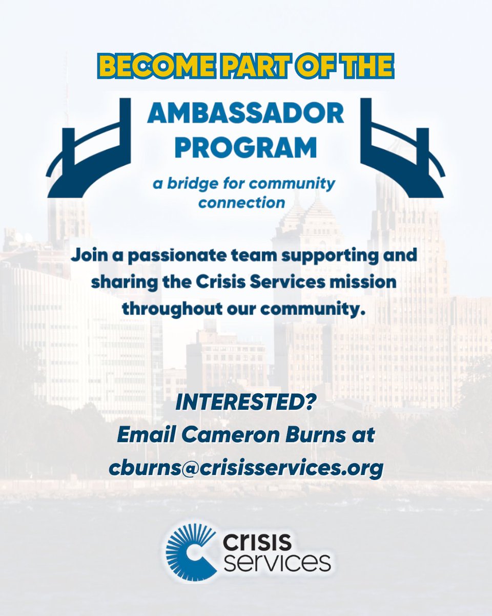 Crisis Services is seeking caring, motivated and outgoing volunteers to serve as Ambassadors at local events to engage and educate our community about our programs and services.

✉️ Follow the link: ow.ly/Wf0L50UyZbU

#BuffaloVolunteers #BuffaloNY #MentalHealthSupport