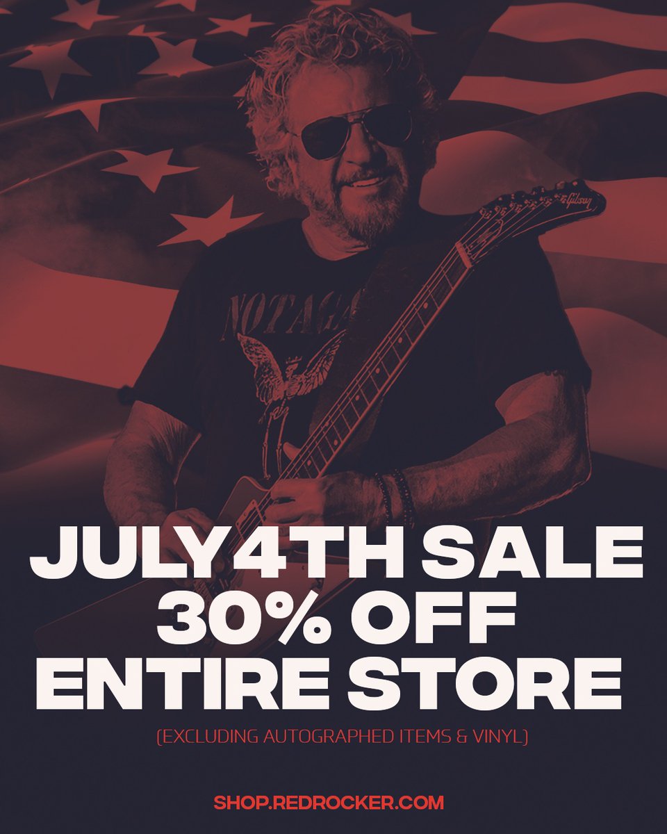sammyhagar's tweet image. Red, White & Ready to Rock! Get 30% OFF Sammy Hagar merch with a 4th of July Sale! 🇺🇸
Stock up on gear from the Red Rocker including shirts to hats and more, it's all 30% off this 4th of July weekend. Sale kicks off Friday, 7/4 at midnight PT and ends Sunday, 7/6 at 11:59pm PT.…