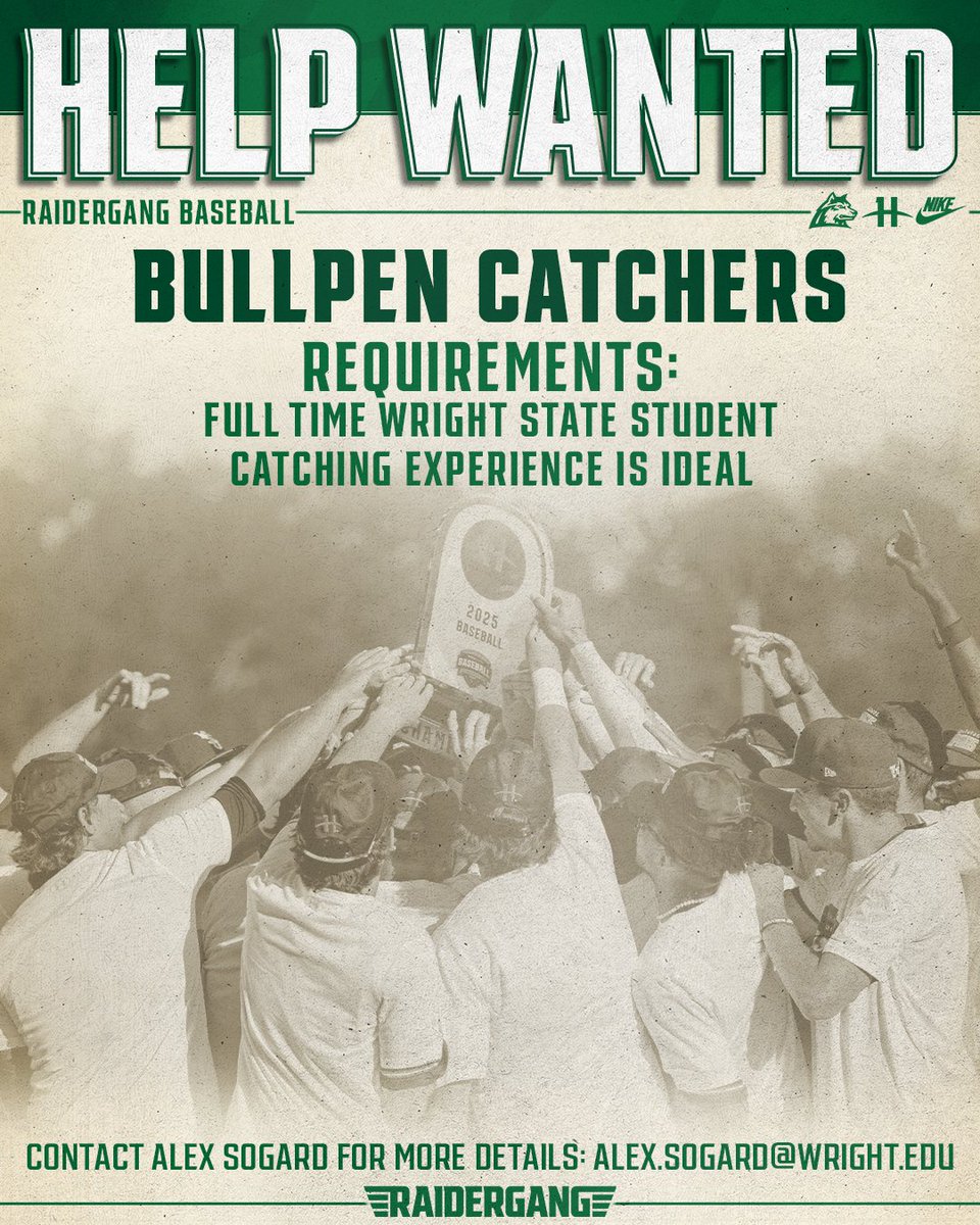 Wright State Baseball (@wsuraidergang) on Twitter photo We’re looking for Wright State students to join the #Raidergang as team managers!
As this is bullpen catcher specific, catching experience is ideal. Contact head coach Alex Sogard (alex.sogard@wright.edu) for more info. We’re looking for Wright State students to join the #Raidergang as team managers!
As this is bullpen catcher specific, catching experience is ideal. Contact head coach Alex Sogard (alex.sogard@wright.edu) for more info.