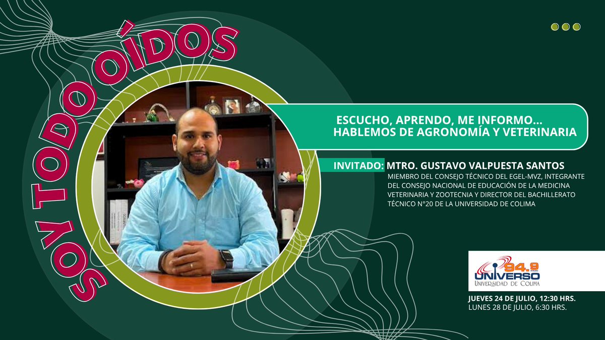 Es tiempo de hablar, en #SoyTodoOídos, del área de Agronomía y Veterinaria.

🎧 Sintoniza la Radio Universitaria este jueves 24 de julio a las 12:30 horas, ¡en el siguiente enlace! 👉 universo949.mx