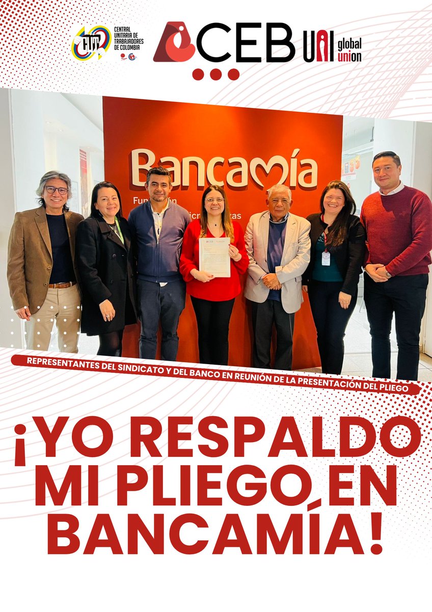 Representantes de ACEB y de Bancamía en reunión de la presentación del pliego de peticiones 📜
✊Un paso clave en la negociación colectiva y en la defensa de los derechos laborales.
-
-
-
#Pliego #PliegoDePeticiones #aceb #bancos #Bancamia