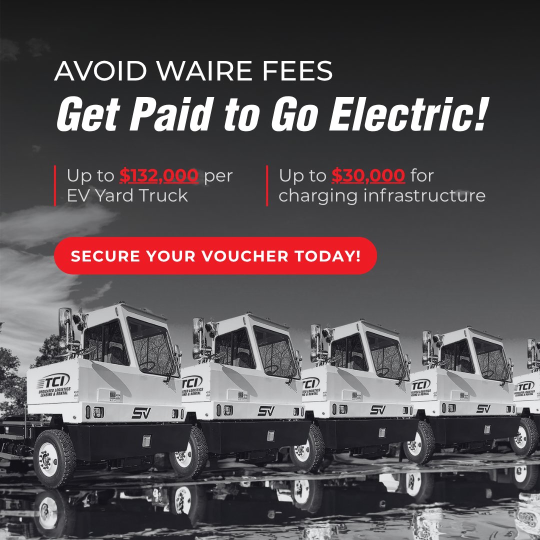 tci_leasing's tweet image. Save up to $132k per ZERO-emission yard truck and up to $30k for charging infrastructure.
No application. No waiting. Just savings.
TCI has secured an extension on our last 20 CORE vouchers. Connect with our team of experts to learn more!
go.tcitransportation.com/3I9UcCV