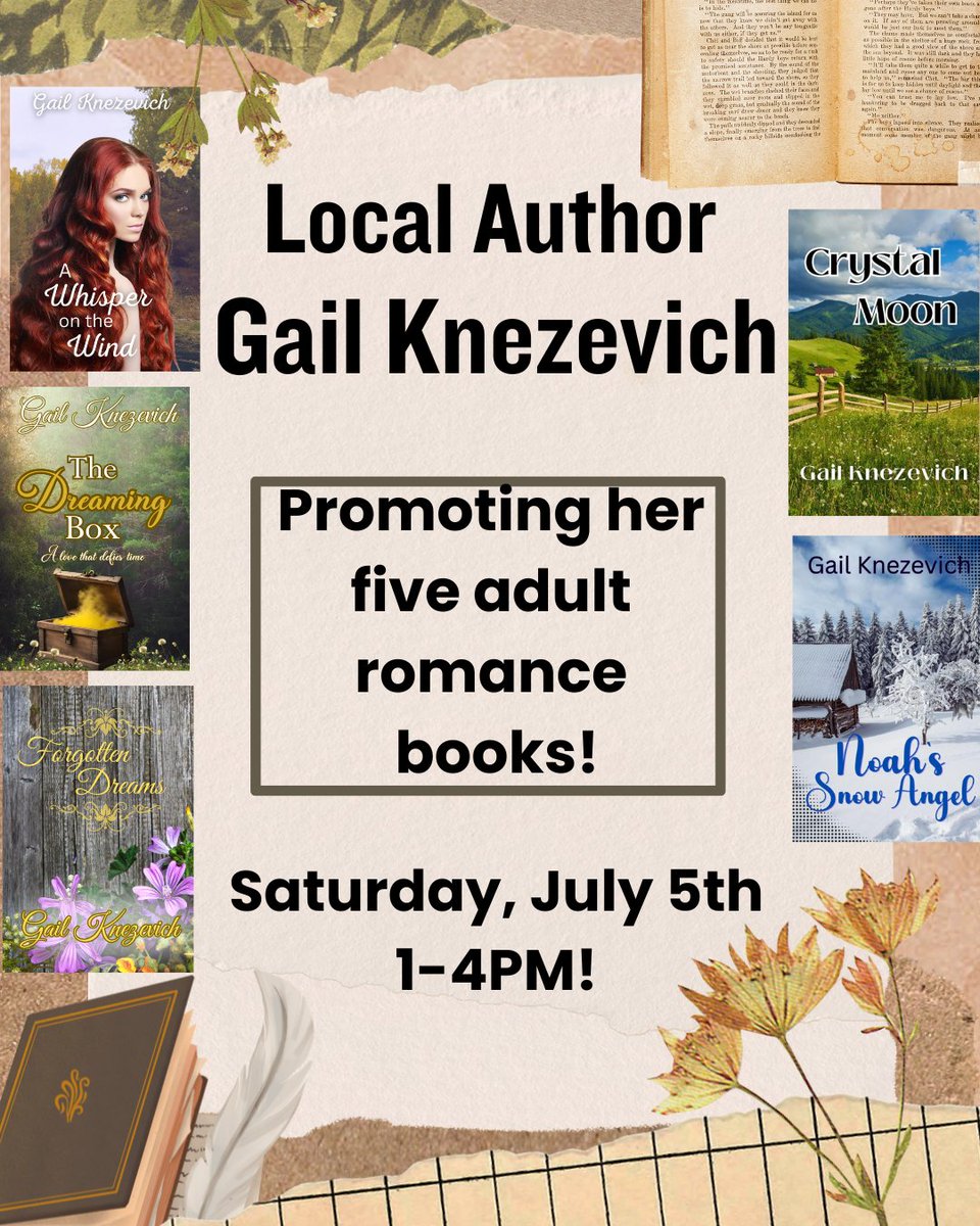 marissas_books's tweet image. Local Author Gail Knezevich will be in store this Saturday, July 5th from 1-4PM! She'll be promoting her adult Historical Western Romance novels filled with love, adventure, intrigue, and spice.  #localauthor #localauthors #independentbookstores #independentbookstore