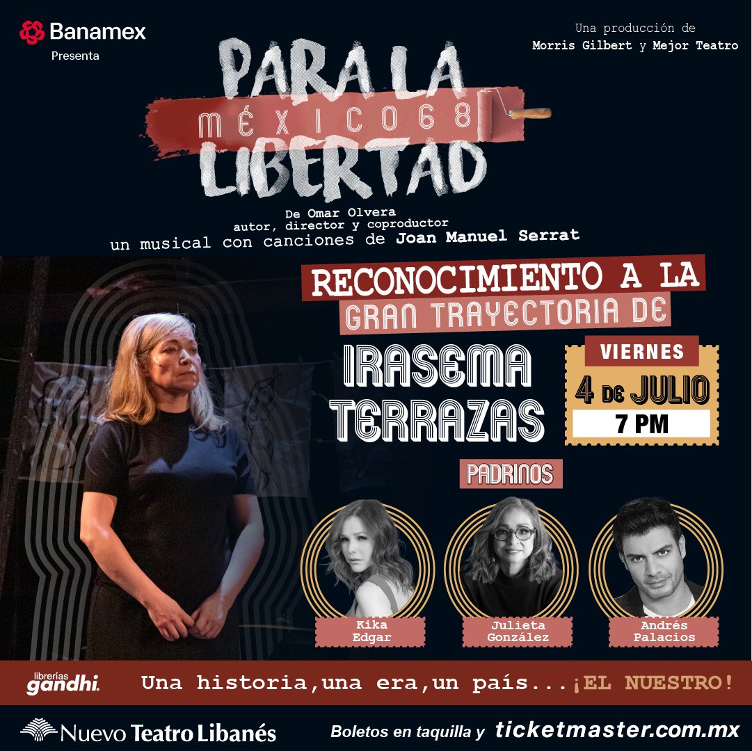 Mejor Teatro (@mejorteatro) on Twitter photo ¡Honor a quien honor merece! Por eso este viernes 04 de julio vamos a celebrar con tres padrinos de lujo la trayectoria de <a href="/irasematerrazas/">𝑰𝒓𝒂𝒔𝒆𝒎𝒂 𝑻𝒆𝒓𝒓𝒂𝒛𝒂𝒔</a> en <a href="/PLaLibertadMX/">Para La Libertad. México 68</a>.
🧚♀️ <a href="/KikaEdgar/">Kika Edgar</a>
🧚♀️ #JulietaGonzález
🧚♂️ <a href="/andrespalacios1/">Andrés Palacios</a>
🎟️ bit.ly/PLL68RecoIrase… ¡Honor a quien honor merece! Por eso este viernes 04 de julio vamos a celebrar con tres padrinos de lujo la trayectoria de <a href="/irasematerrazas/">𝑰𝒓𝒂𝒔𝒆𝒎𝒂 𝑻𝒆𝒓𝒓𝒂𝒛𝒂𝒔</a> en <a href="/PLaLibertadMX/">Para La Libertad. México 68</a>.
🧚♀️ <a href="/KikaEdgar/">Kika Edgar</a>
🧚♀️ #JulietaGonzález
🧚♂️ <a href="/andrespalacios1/">Andrés Palacios</a>
🎟️ bit.ly/PLL68RecoIrase…