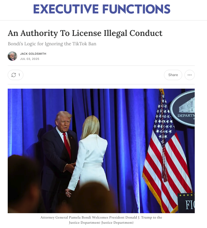 My take on the Bondi letters related to not enforcing the TikTok ban--"an astounding assertion of executive power—maybe the broadest I have ever seen any president or Justice Department make, ever, in any context—and that is saying something." open.substack.com/pub/executivef…