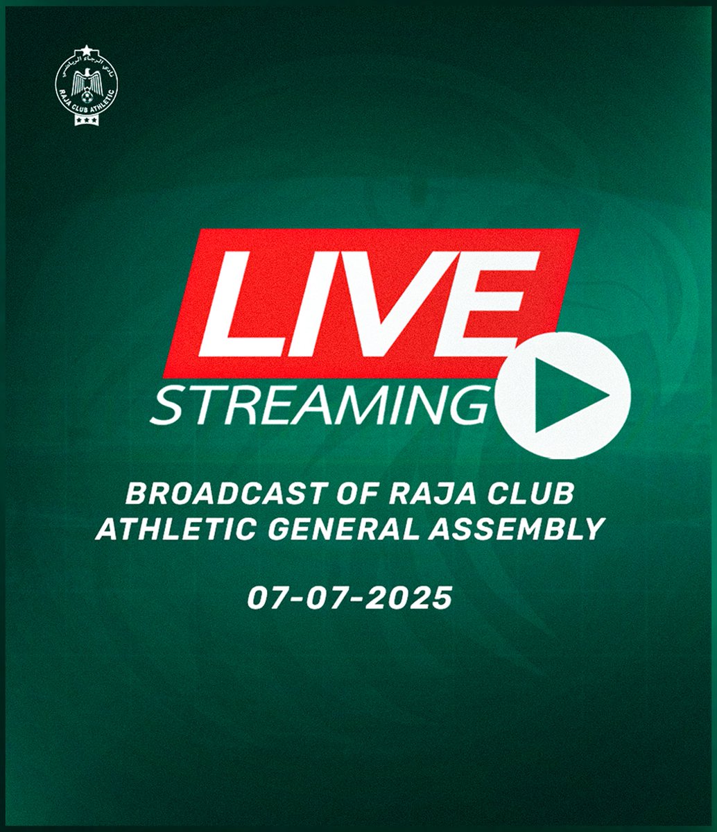 🎥 تابعوا مجريات الجمع العام لنادي الرجاء الرياضي، يوم الإثنين 7 يوليوز، مباشرة عبر الصفحة الرسمية للنادي.