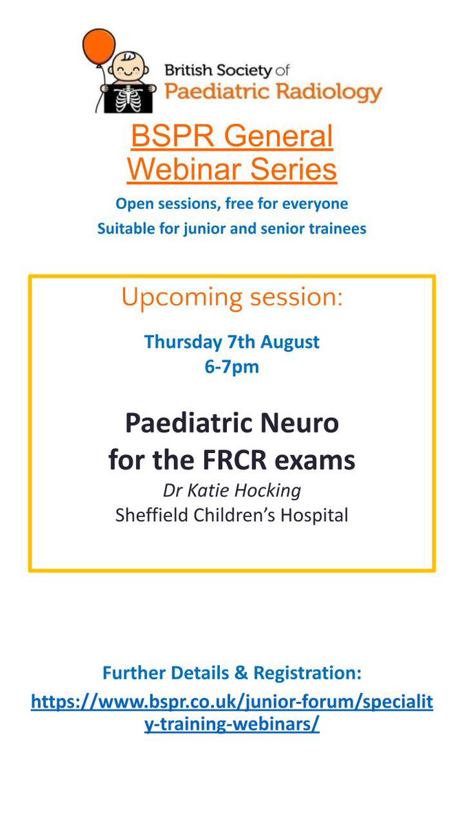 BSPRJuniorForum's tweet image. Join the BSPR General Webinar Series!
🗓️ Thursday, 7th Aug 2025
⏰ 18:00 - 19:00
📝 Paediatric Neurology for FRCR
👩🏫 Dr Katie Hocking
Free & open to all trainees. Perfect for junior and senior registrars.
🔗 register now:
bspr.co.uk/junior-forum/s…
