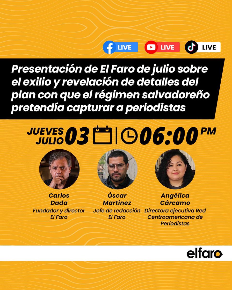 🔴 Acompáñanos hoy para hablar sobre el tercer número de nuestra revista mensual. También te contaremos más detalles sobre el plan que tenía el régimen de Bukele para capturar a periodistas de El Faro.

🔔Sintonízanos a las 6 p.m. en Facebook, YouTube y Twitter.