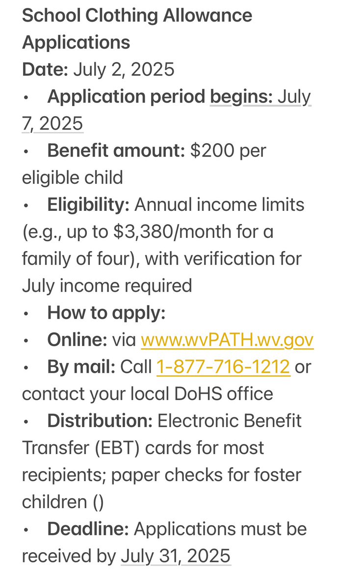 TresaHowell4WV's tweet image. Application period begins: July 7, 2025
How to apply:
•Online: via wvPATH.wv.gov
•By mail: Call 1‑877‑716‑1212 or contact your local DoHS office
dhhr.wv.gov/News/2025/Page…
