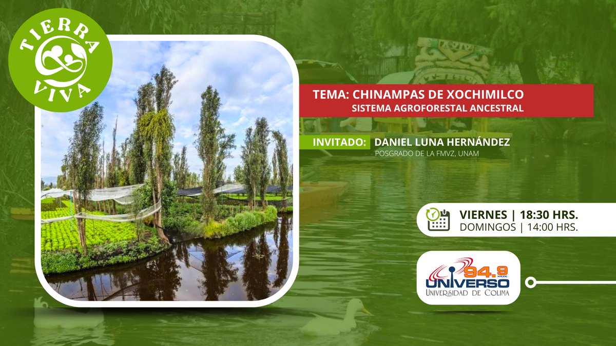 Las Chinampas de Xochimilco serán el tema de #TierraViva

Este viernes 25 de julio a las 18:30 horas, Daniel Luna Hernández nos habla sobre los componentes e implicaciones de este sistema agroforestal ancestral que tiene en Xochimilco.

Te esperamos ➡️ universo949.mx