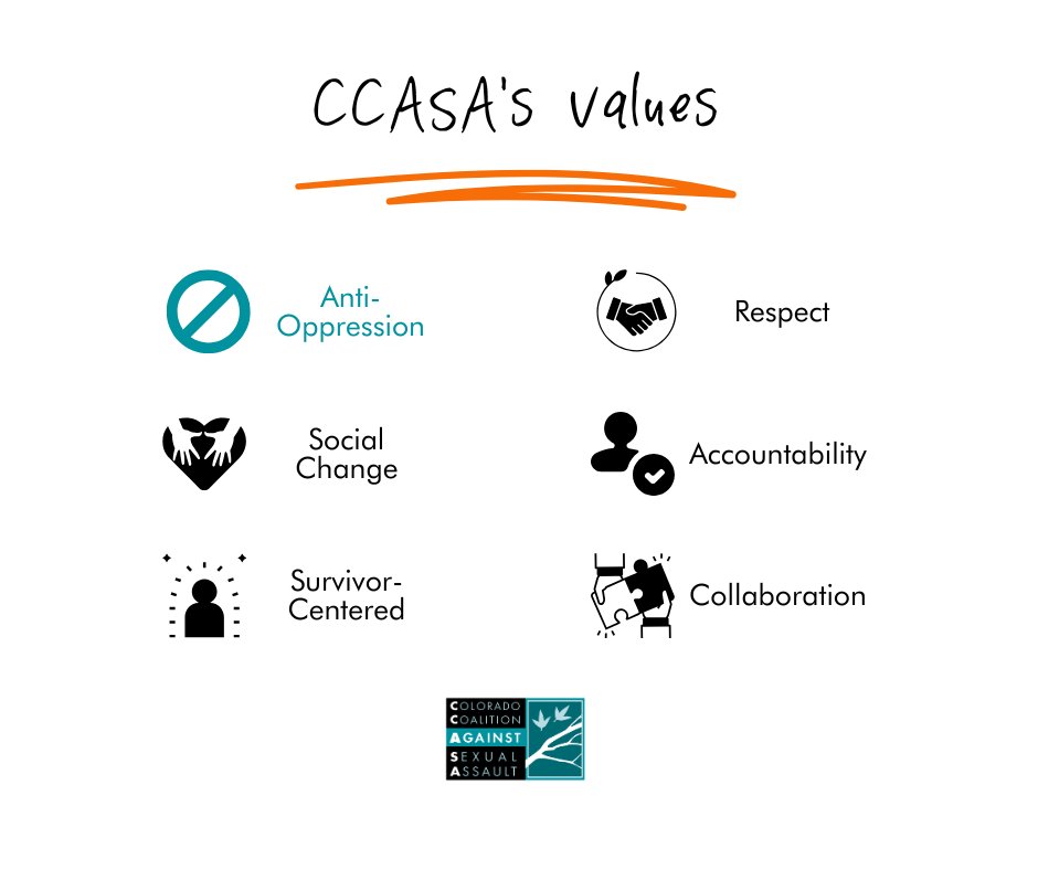 Embracing Our Values: At CCASA, we're committed to dismantling systems of oppression, addressing complex power dynamics, and fostering inclusivity. Our mission is rooted in creating a more equitable, just society. #AntiOppression #InclusivityMatters 🌍✊