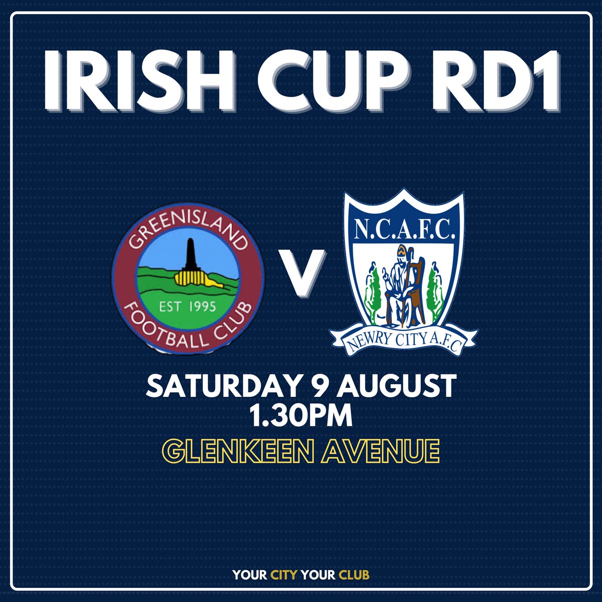 The draw for the first round of the Irish Cup has taken place and we have been drawn away to Greenisland FC. The tie is scheduled to take place at 1.30PM on Saturday 9th August. 🟦⬜️