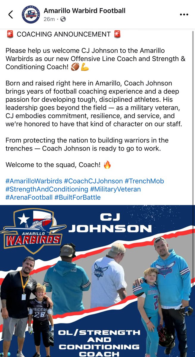 XFLMike's tweet image. NEWS:

Amarillo Warbirds announce CJ Johnson as their O-Line/Strength &amp;amp; Conditioning Coach.

Per @WTXWarbird Facebook Post

#NAL #NAL2026