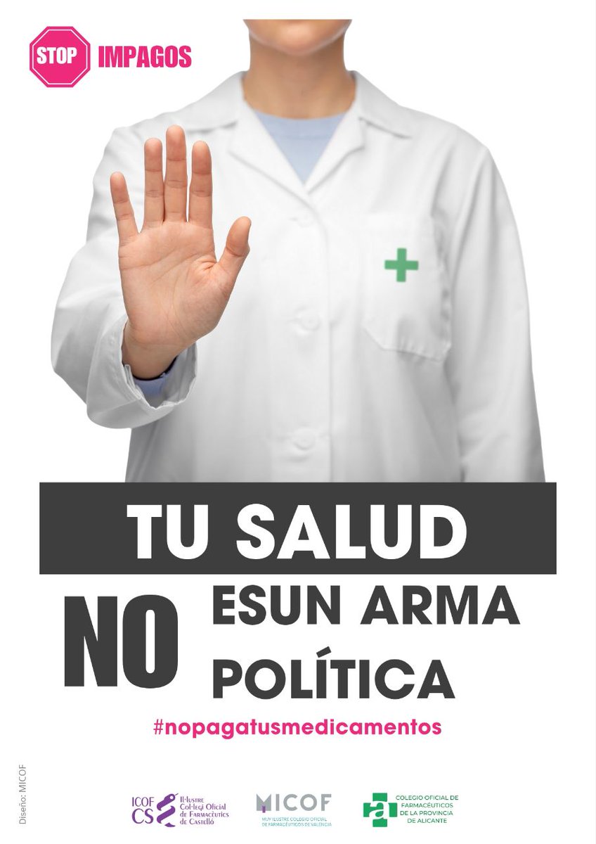 Apoyo a las farmacias valencianas. 
#nopagatusmedicamentos
#stopimpagos
<a href="/sanchezcastejon/">Pedro Sánchez</a>
@santi_abascal
@anunezfeijoo
<a href="/felixbolanosg/">Félix Bolaños</a>
@monicagarciag_
<a href="/mjmonteroc/">María Jesús Montero</a>
<a href="/fep_pacientes/">Foro Español de Pacientes</a> 
@sefarorg 
@fedifar_ 
<a href="/carlos_mazon_/">Carlos Mazón</a>
<a href="/rut_merino/">Ruth Merino</a> 
<a href="/luisdepalacio/">Luis de Palacio</a>
<a href="/micofvlc/">Micofvlc</a>