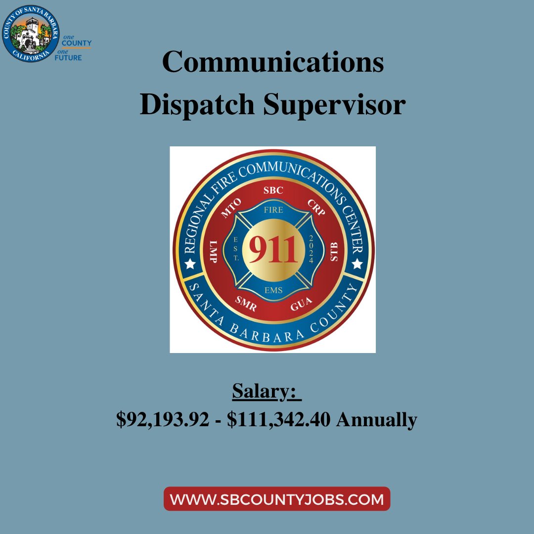 CountySBCareers's tweet image. The County of Santa Barbara's Fire Department is #hiring to fill three (3) full-time Communications Dispatch Supervisor positions. If interested in this opportunity, please visit SbCountyJobs.com. #NowHiring #SantaBarbara #CommunicationsDispatch