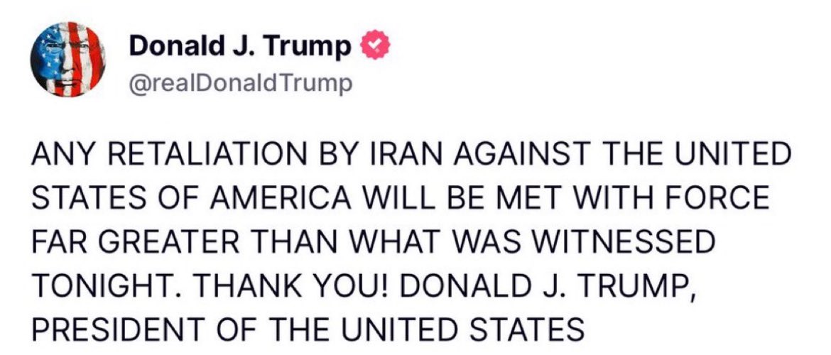 Menachem Vorchheimer (@menachemv) on Twitter photo President Donald Trump Warns Iran
âANY RETALIATION BY IRAN AGAINST THE UNITED STATES OF AMERICA WILL BE MET WITH FORCE FAR GREATER THAN WHAT WAS WITNESSED TONIGHTâ
<a href="/australian/">The Australian</a> <a href="/smh/">The Sydney Morning Herald</a> <a href="/theheraldsun/">Herald Sun</a> <a href="/3AW693/">3AW Melbourne</a> <a href="/2GB873/">2GB Sydney</a> <a href="/AlboMP/">Anthony Albanese</a> <a href="/SenatorWong/">Senator Penny Wong</a> President Donald Trump Warns Iran
âANY RETALIATION BY IRAN AGAINST THE UNITED STATES OF AMERICA WILL BE MET WITH FORCE FAR GREATER THAN WHAT WAS WITNESSED TONIGHTâ
<a href="/australian/">The Australian</a> <a href="/smh/">The Sydney Morning Herald</a> <a href="/theheraldsun/">Herald Sun</a> <a href="/3AW693/">3AW Melbourne</a> <a href="/2GB873/">2GB Sydney</a> <a href="/AlboMP/">Anthony Albanese</a> <a href="/SenatorWong/">Senator Penny Wong</a>