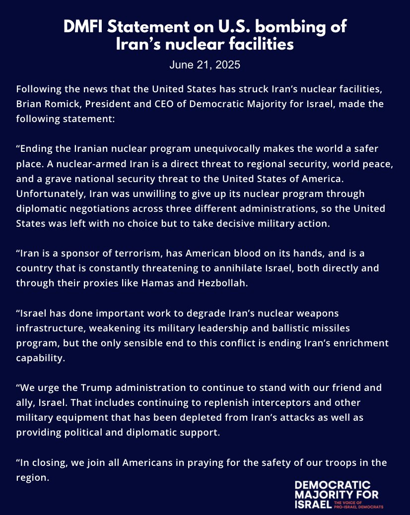 Ending Iran's nuclear program makes the world safer. Our statement on tonight's strikes in Iran: