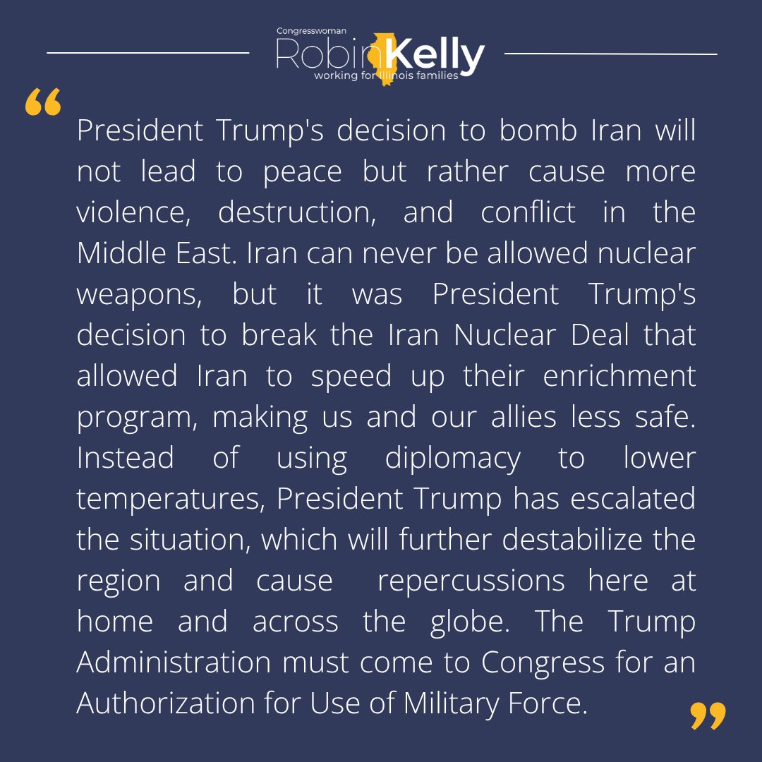 President Trump's decision to bomb Iran will not lead to peace but rather cause more violence, destruction, and conflict in the Middle East.

My full statement: