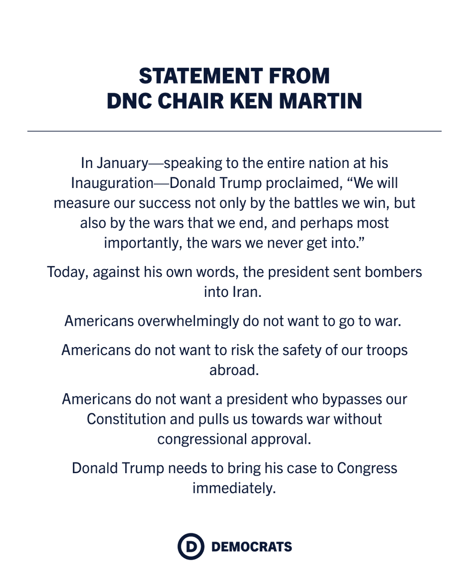 DNC Chair @KenMartin73's statement on Trump's unilateral act of war with Iran.