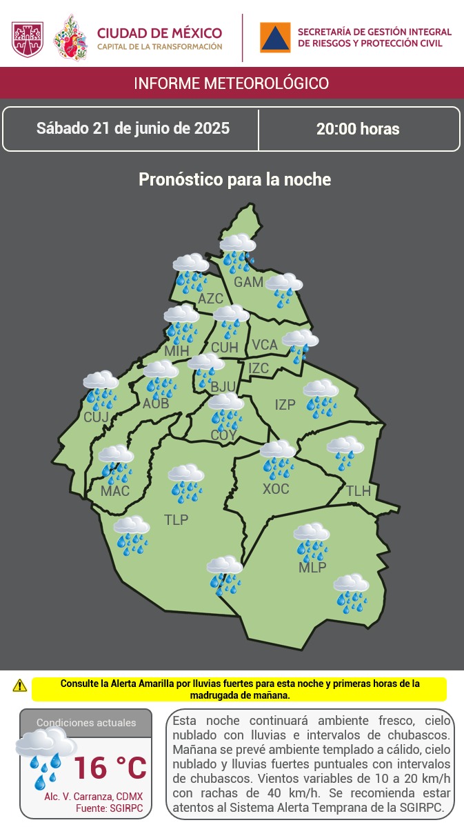 Esta noche en la Ciudad de México, continuará el ambiente #fresco, cielo #nublado con #lluvias e intervalos de #chubascos.  Mantente informado. #TrabajandoJuntos #LaPrevenciónEsNuestraFuerza #Tlaloque #OperativoLluvias2025