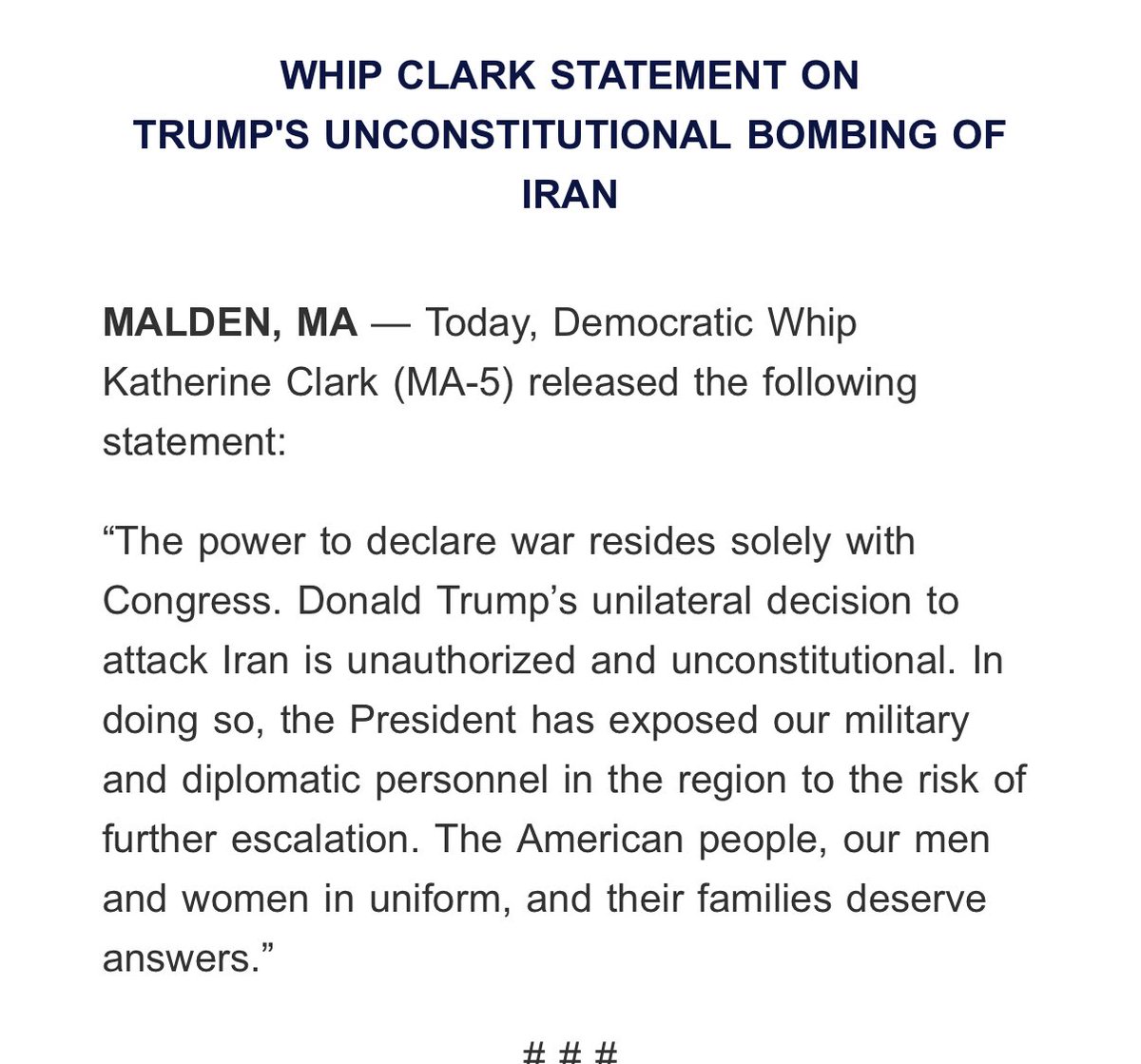 .⁦<a href="/WhipKClark/">Katherine Clark</a>⁩, the #2 House Democrat, calls Trump’s decision to bomb Iranian nuclear sites “unauthorized &amp; unconstitutional.”