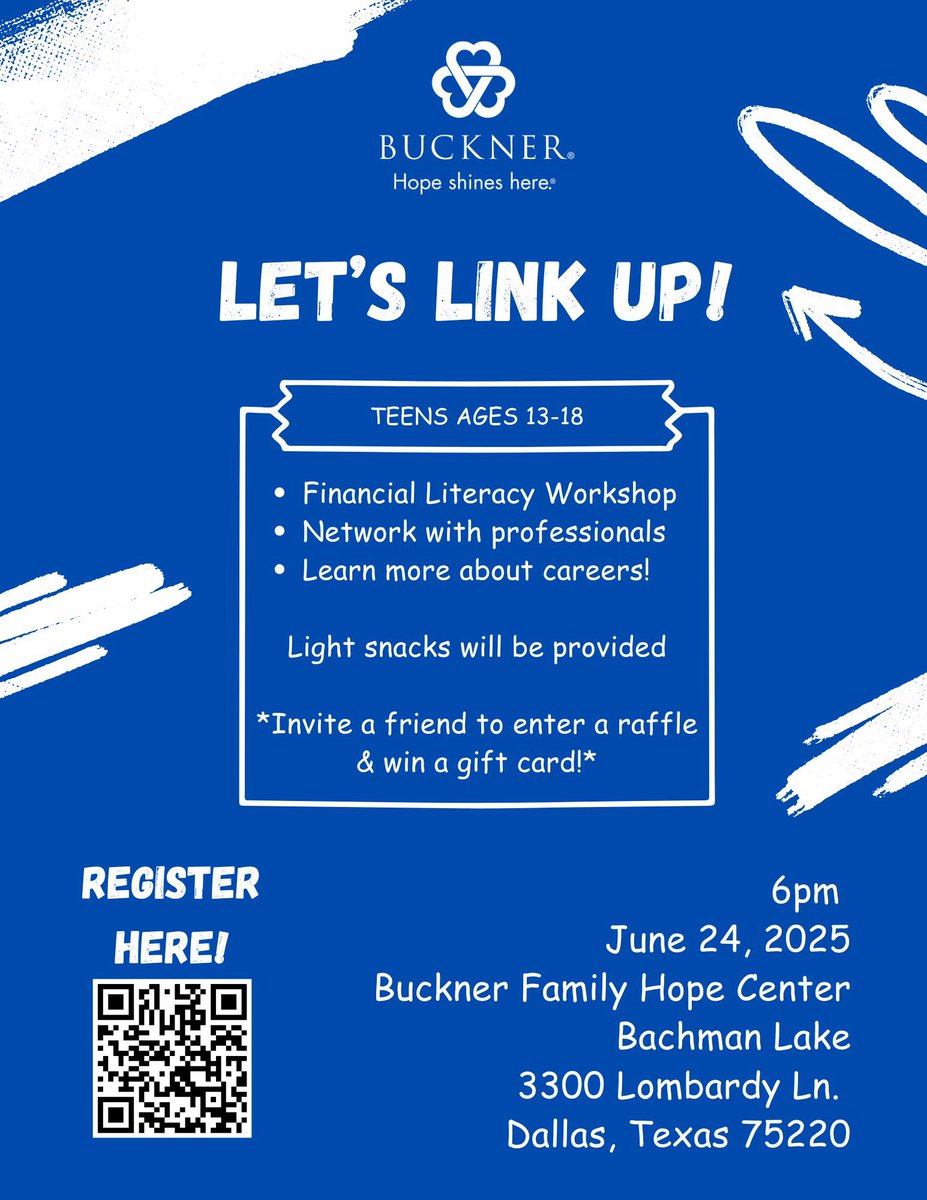ED_Rivera_DISD's tweet image. Buckner Family Hope Center at Bachman Lake brings summer learning for teens! Learn Financial Literacy while networking with professionals about their careers. Tuesday, June 24, at 6 pm. Register at forms.office.com/r/1M9BLZuCkr?o…