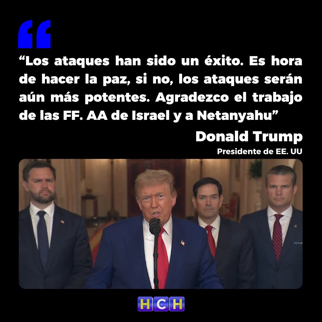 HCHTelevDigital's tweet photo. #HCHInternacionales | En su mensaje a la nación, el mandatario reiteró sus deseos de que las vías diplomáticas se reactiven entre ambos países, detallando que, en caso de que no suceda, los ataques serían aún más fuertes que los ahora vistos, además, Trump subrayó su alianza con Benjamín Netanyahu, de quien dijo tener una espectacular amistad con ideales parecidos.

"Por 40 años, Irán ha profesado muerte a Estados Unidos y muerte a Israel, han matado a nuestra gente, mutilado sus brazos y piernas con bombas en las calles, eso ha sido su especialidad, perdimos a más de mil personas, y cientos de miles por todo el Medio Oriente como un resultado directo de su odio", puntualizó.