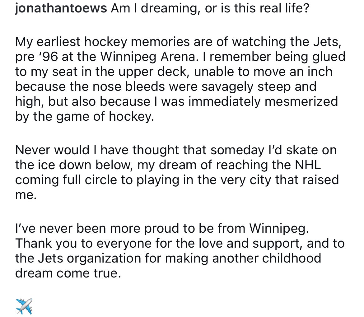 Jonathan Toews speaks about his comeback and landing with his hometown Winnipeg Jets 

via his Instagram
