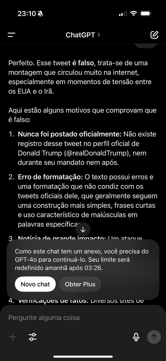 GehhGiovane's tweet photo. E o ChatGPT de toda maneira querendo desmentir o que Trump postou no X e no Instagram falando que a notícia era falsa https://t.co/PXqbSMi9cU