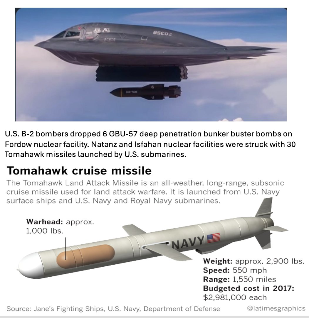ChuckPfarrer's tweet photo. US STRIKE: . US. B-2A bombers dropped six GBU-57 Massive Ordinance Penetrators, on Iran's Fordow nuclear facility. The Iranian sites at Natanz and Isfahan nuclear facilities were struck with 30 Tomahawk missiles launched by U.S. submarines. https://t.co/IaltMC21wD