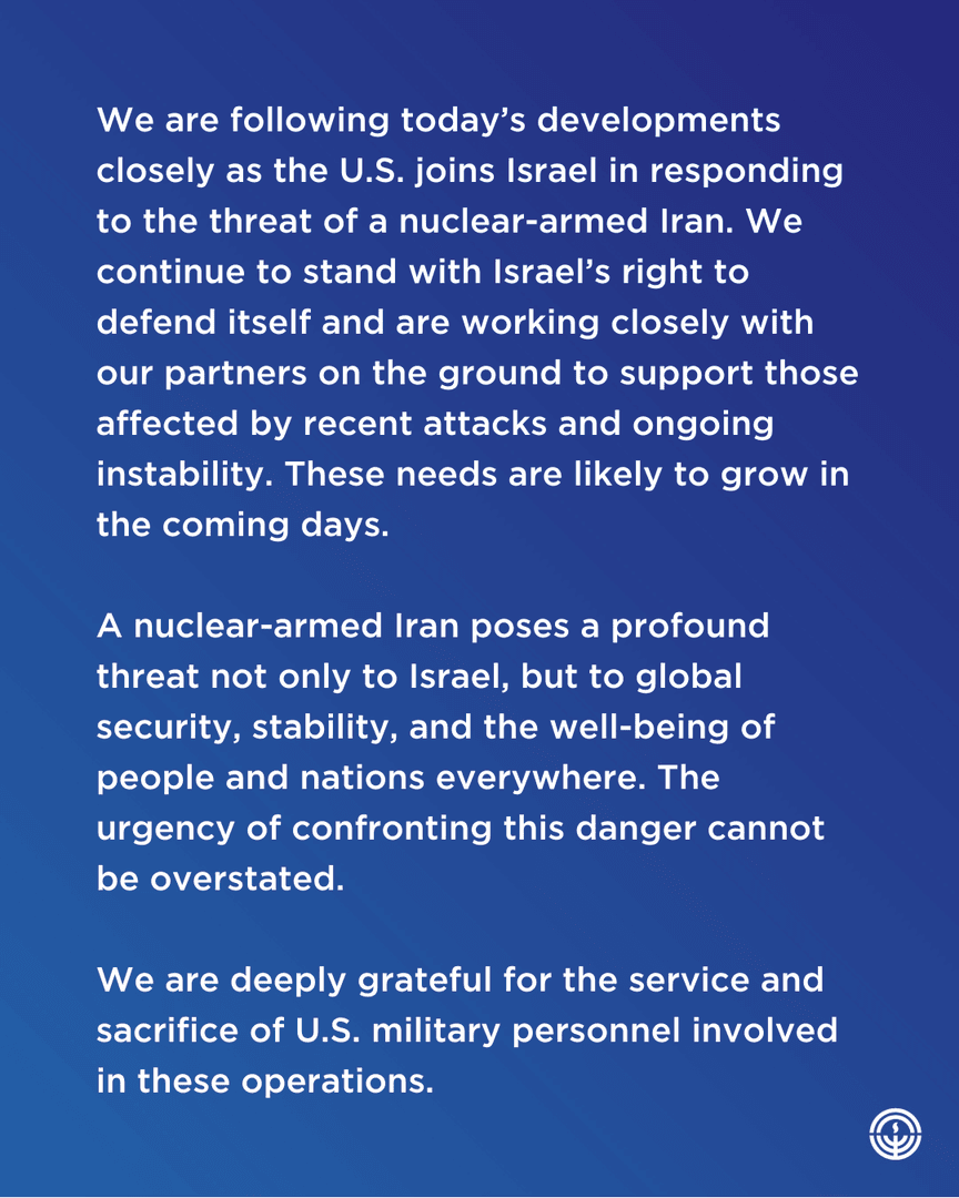 JFGW's tweet image. The Jewish Federation of Greater Washington on the U.S. strikes on Iran.