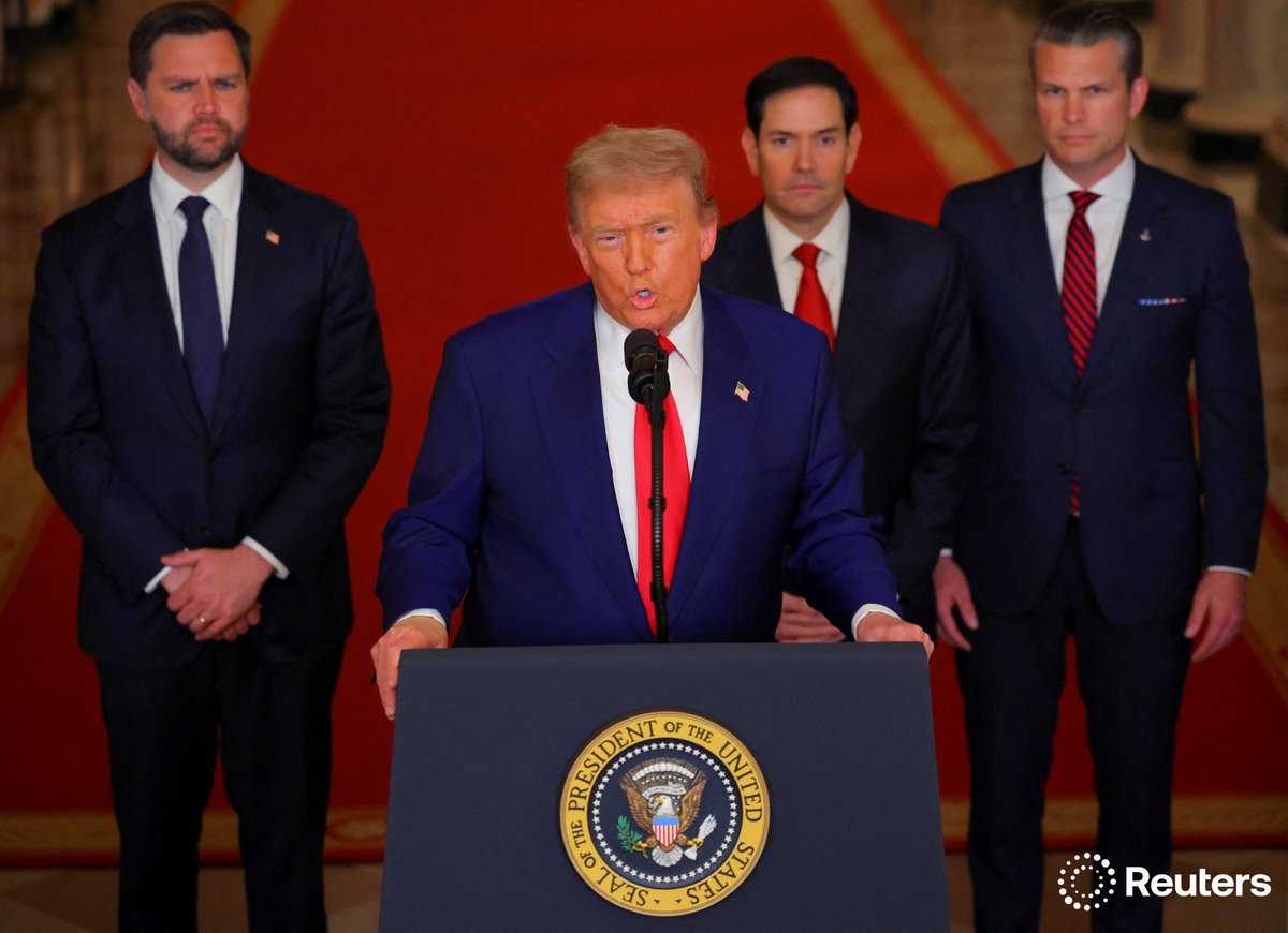 corinne_perkins's tweet image. U.S. President Donald Trump delivers an address to the nation at the White House in Washington, following U.S. strikes on Iran's nuclear facilities. Pool photo by @ReutersBarria