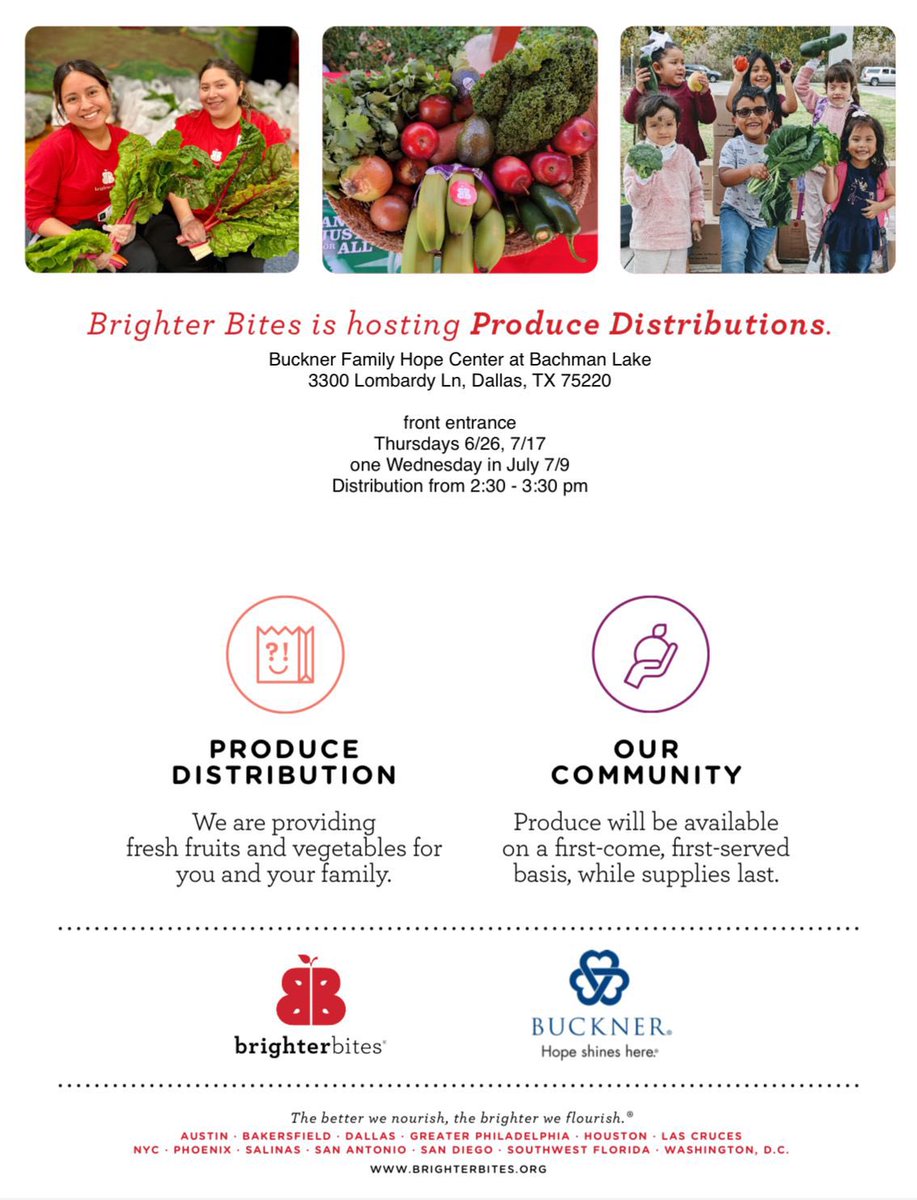 ED_Rivera_DISD's tweet image. 🍇🍎🥕🌽 Brighter Bites will be distributing fruits and vegetables at the Buckner Family Hope Center - Bachman Lake. Dates for distribution are June 26, July 9, and July 17, from 2:30-3:30 pm. Don’t miss out!