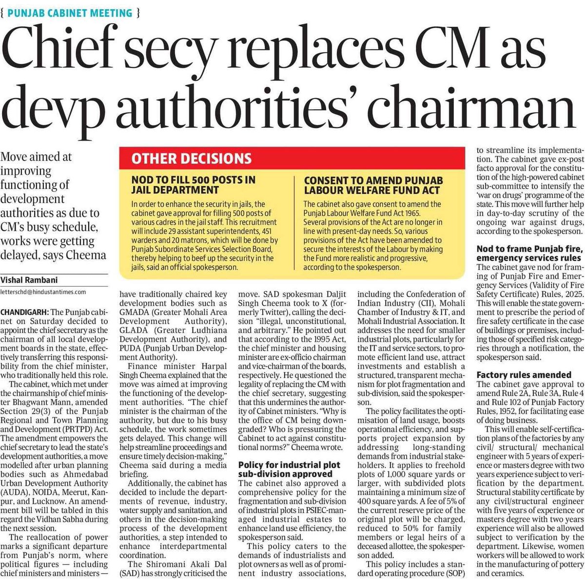 Sukhpal Singh Khaira (@sukhpalkhaira) on Twitter photo First time in 75 years that a Bureaucrat replaces an elected leader !
Below news shows <a href="/BhagwantMann/">Bhagwant Mann</a> Cm has been replaced by Chief Secretary as Chairman Development Authorities !
The logic given by Fm <a href="/HarpalCheemaMLA/">Adv Harpal Singh Cheema</a> that the change has been made due to the busy schedule of First time in 75 years that a Bureaucrat replaces an elected leader !
Below news shows <a href="/BhagwantMann/">Bhagwant Mann</a> Cm has been replaced by Chief Secretary as Chairman Development Authorities !
The logic given by Fm <a href="/HarpalCheemaMLA/">Adv Harpal Singh Cheema</a> that the change has been made due to the busy schedule of