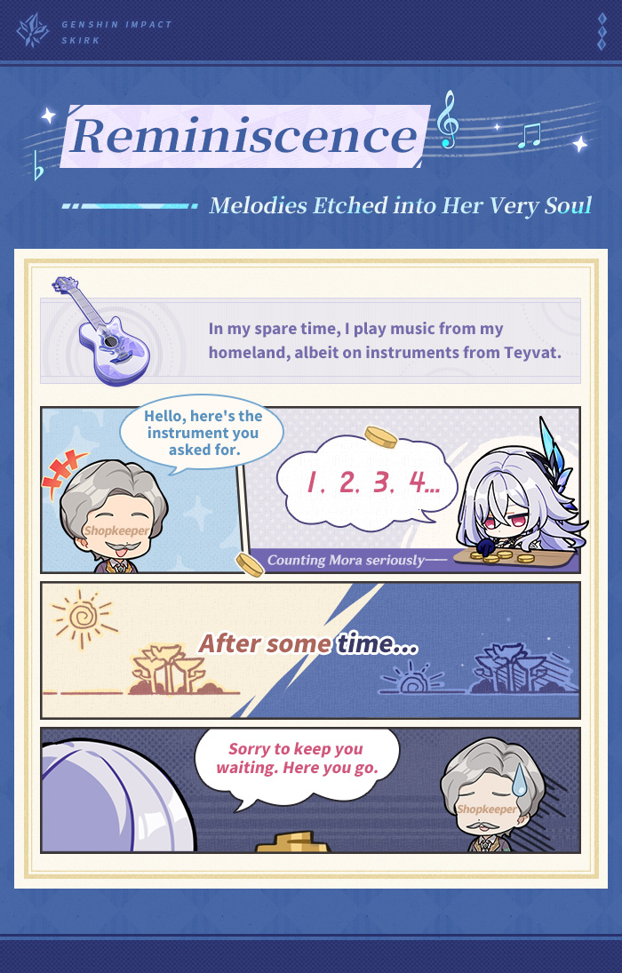 GenshinImpact's tweet photo. Reminiscence: Melodies Etched into Her Very Soul
#GenshinImpact #FightLikeSkirk #Skirk

"It's a melody I used to listen to when I was a kid."
Skirk strums the guitar in her arms, her gaze calm.
"I have yet to forget it till this day."

See more details here: https://t.co/pvq3lo29Oe