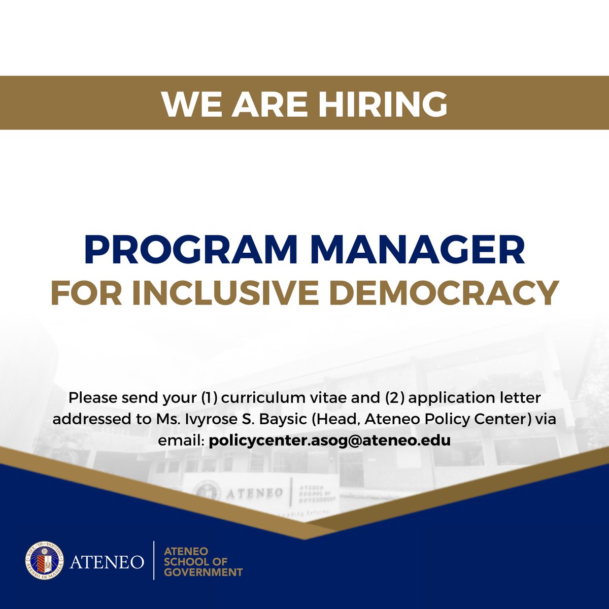 The Ateneo School of Government, through the Ateneo Policy Center, is seeking qualified candidates for the Program Manager (Inclusive Democracy) position.

For more information, please visit ateneo.edu/news/opportuni….

Deadline for the submission of application is on June 30, 2025.