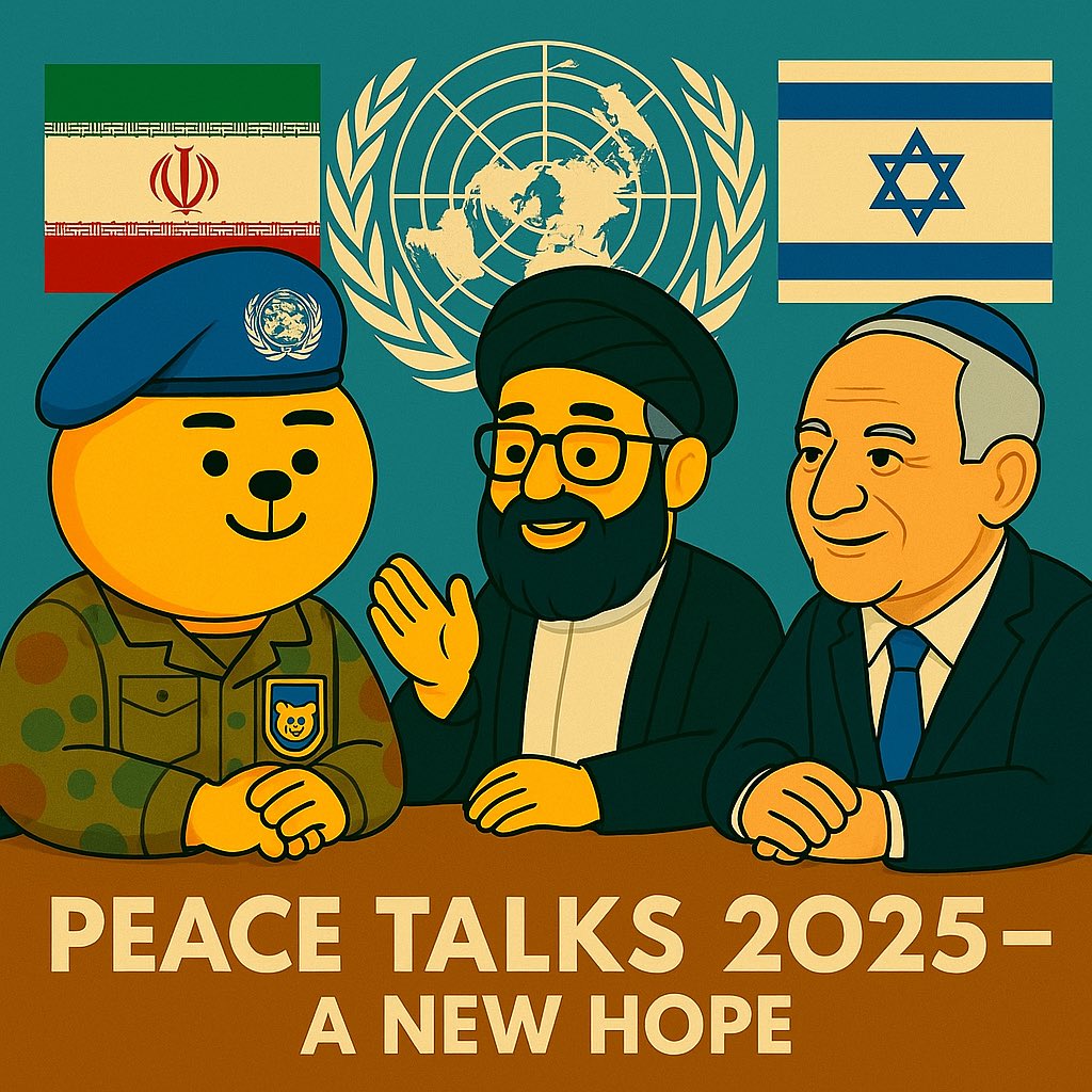 🐻 #PeaceBear unites where politics divide.
Iran 🤝 Israel – under the watch of the bear in blue beret.
2025 might just be the year we make it.

📸: “Peace Talks 2025 – A New Hope”