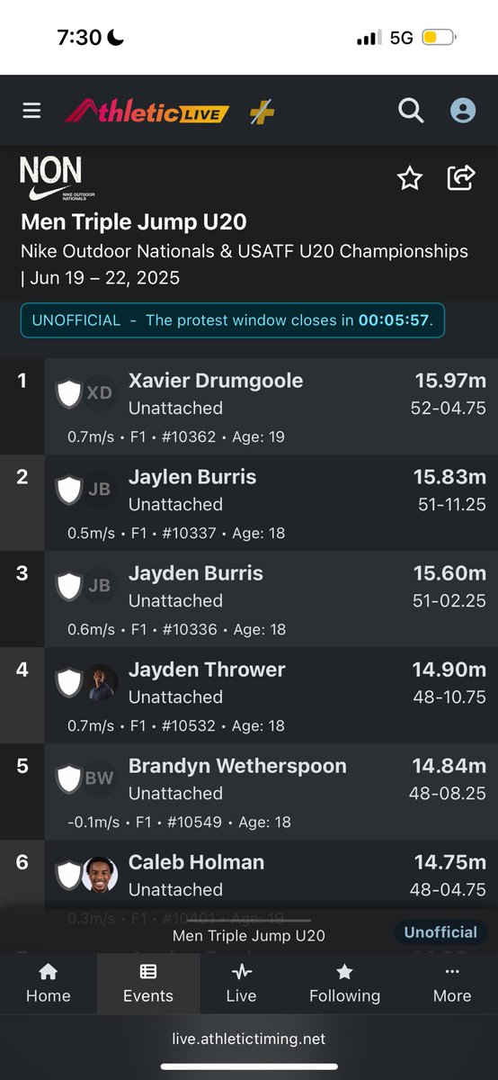 JaydenBurris3's tweet photo. #usatfu20 
Lj: 7.40 
Tj: 15.60 https://t.co/HnV04ii4ug