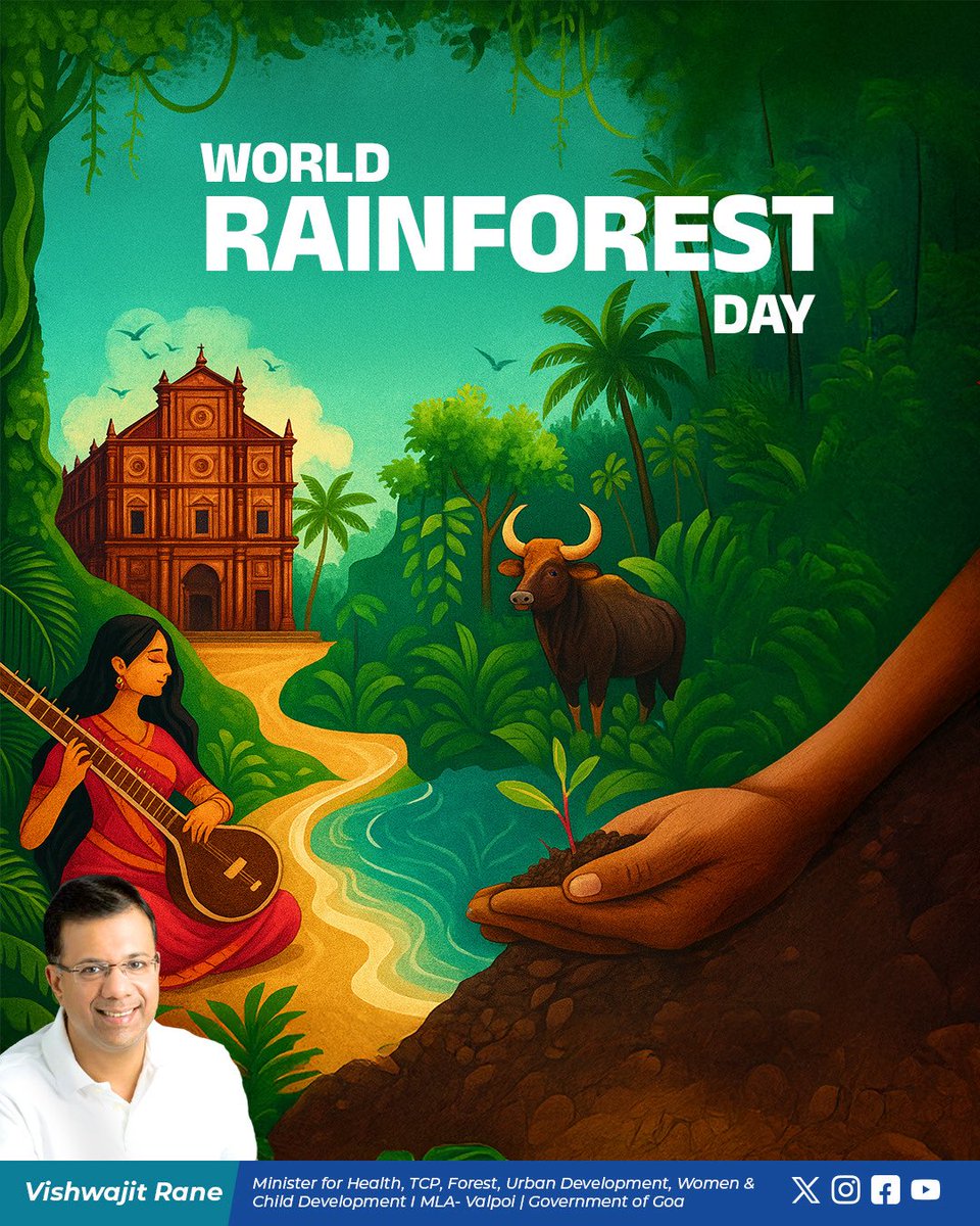 visrane's tweet photo. On #WorldRainforestDay, we celebrate Goa’s vibrant forest heritage — a vital part of the Western Ghats and home to unique biodiversity.
Let’s pledge to preserve our green cover and plant more trees to protect our environment, water sources, and future generations.
#GoaForest #GreenGoa #RainforestDay #PlantMoreTrees #rainforest #Biodiversity #GoGreen
