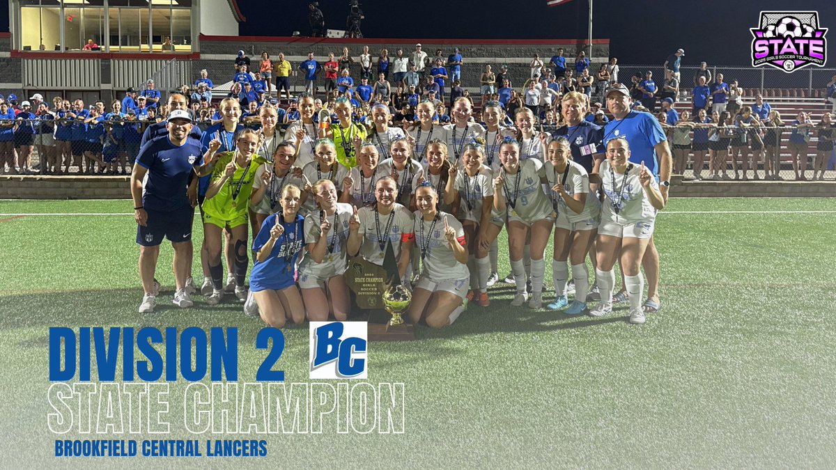 Brookfield Central is the 2025 WIAA D2 Girls Soccer State Champion!🏆

The Lancers took victory over Pewaukee, 2-1.

Congratulations Brookfield Central🔥⚽️
#wiaasoccer