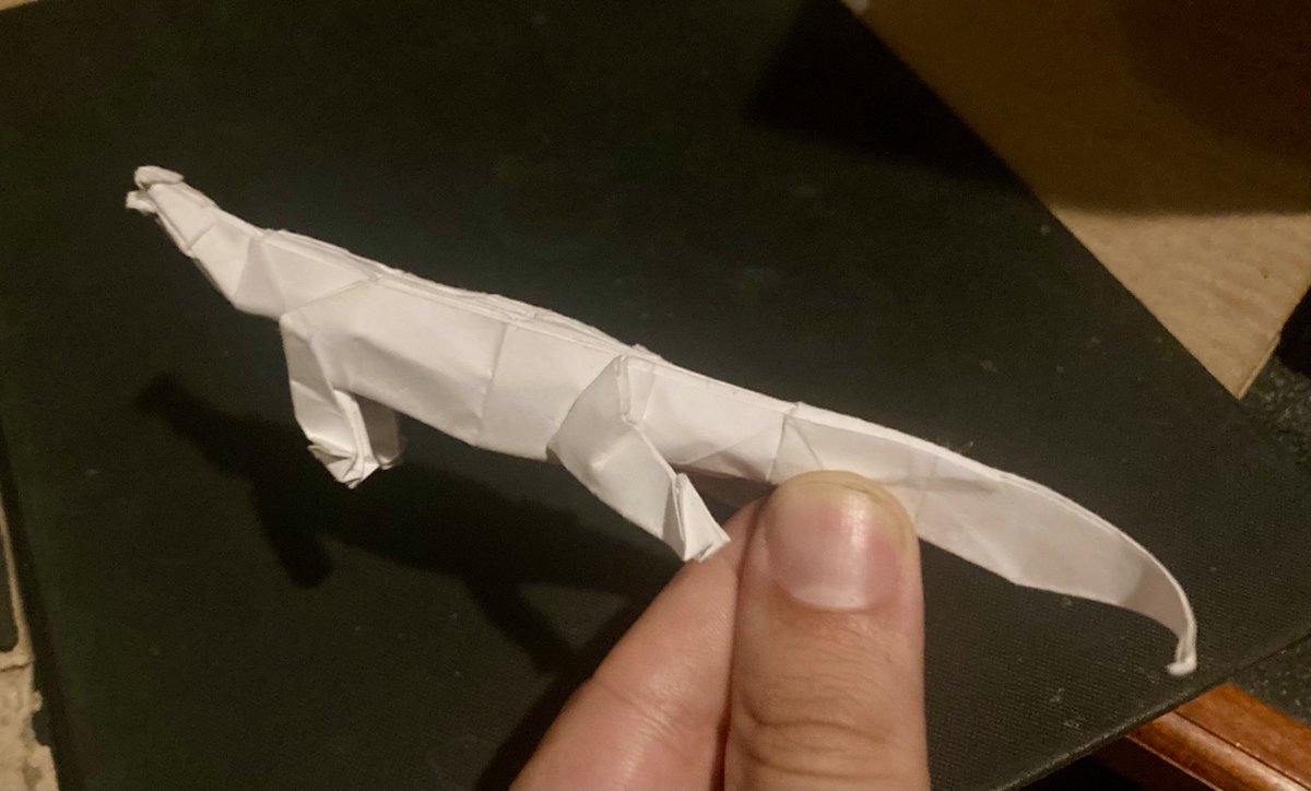 Prototype of the bizarre Triassic sauropterygian Atopodentatus. Used Jaime Headden’s skeletal diagram and photos of the remains from the 2014 description and 2016 redescription, all of which are insane-looking.

 アトポデンタトゥスの試作。頭が大きすぎるかな。
#折り紙作品 #古生物