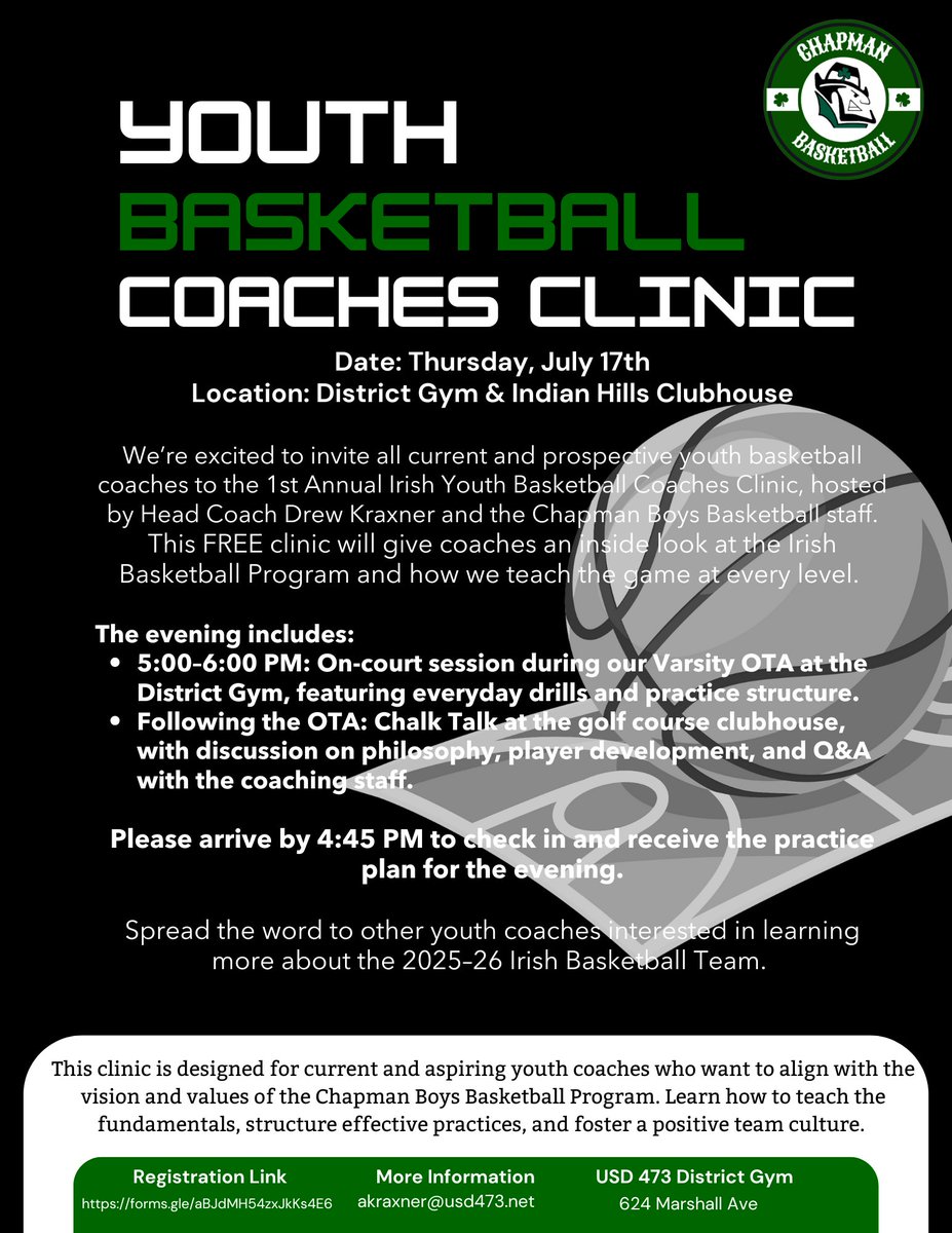 Join us for the 1st Annual Irish Coaches Clinic 🏀

🗓️ July 17 | ⏰ 5 PM
📍 District Gym + Golf Course Clubhouse
✅ FREE clinic led by Coach Kraxner &amp; staff
Register 👉 forms.gle/8jtMGQ4UrNPUC6…
#IrishBasketball #NoFear #CoachesClinic