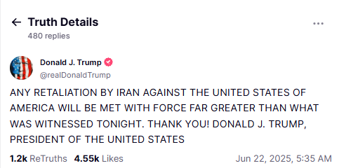 🇺🇸 | ÚLTIMA HORA: DONALD TRUMP:

"CUALQUIER REPRESALIA DE IRÁN CONTRA ESTADOS UNIDOS SE ENFRENTARÁ A UNA FUERZA MUCHO MAYOR QUE LA QUE SE PRESENTÓ ESTA NOCHE".